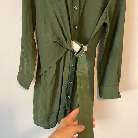 Zara Belted Mini Shirt Dress Size Large in Green Blogger Favorite Long Sleeve - Picture 7 of 9